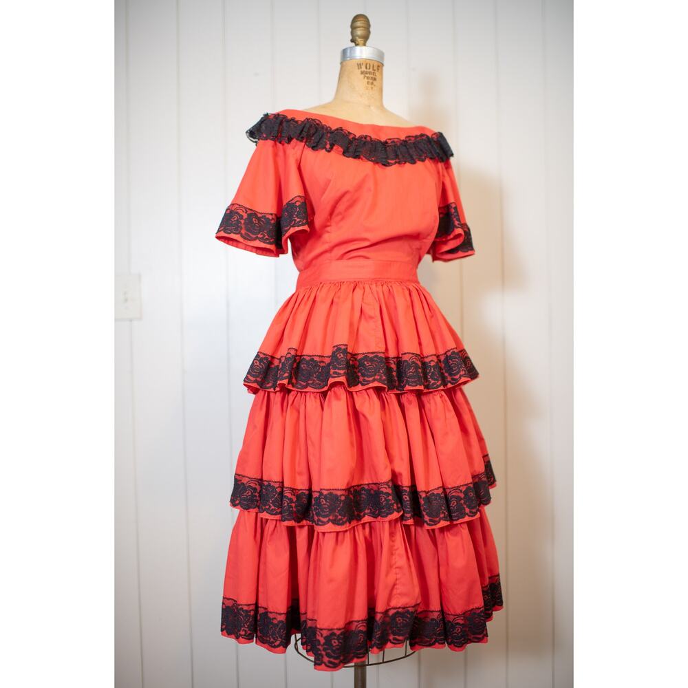 Vintage 50s 60s Square Dance Set, Red Black Lace Ruffle Skirt & Blouse, Fiesta S